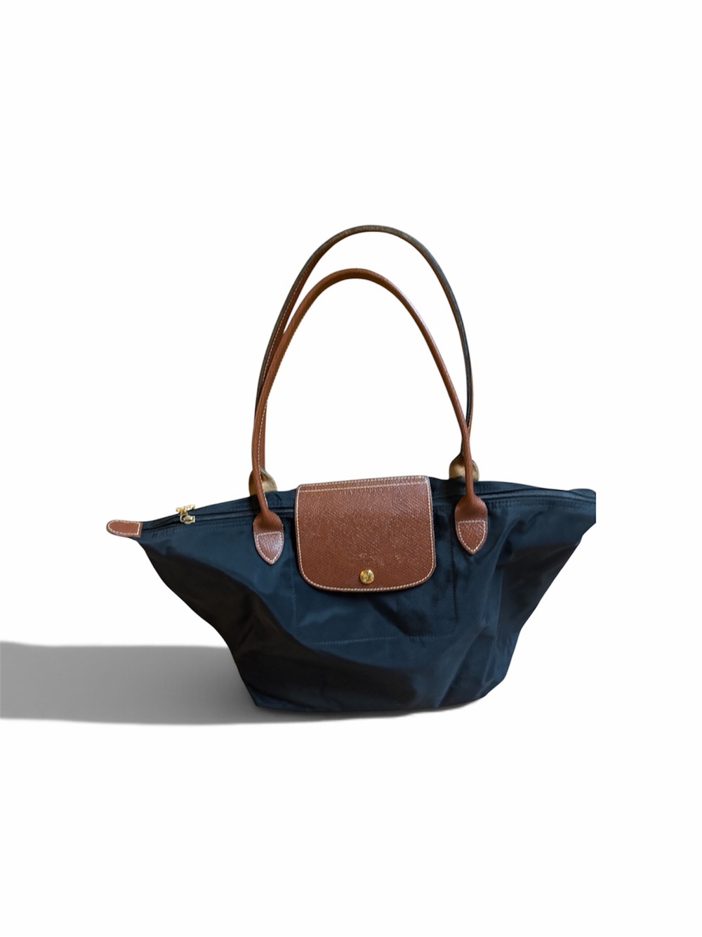 Longchamp Navy Tote with Brown Leather Trim
